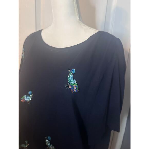 Talbots 2x T-Shirt Top Peacock Beaded Sequins Short Sleeve Navy Womens - Picture 4 of 6